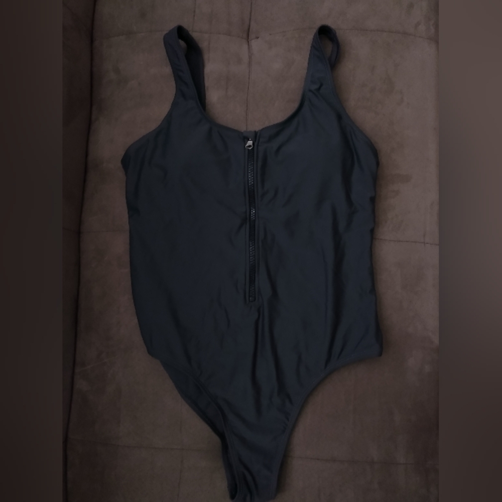 Dark Gray Zip-Front Swimsuit Medium